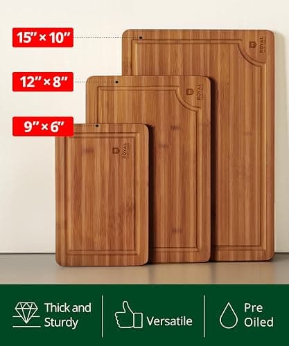 ROYAL CRAFT WOOD Wooden Cutting Boards for Kitchen Meal Prep & Serving - Bamboo Wood Serving Board Set with Deep Juice Groove Side Handles - Charcuterie & Chopping Butcher Block for Meat (3 Pcs) thumbnail 4