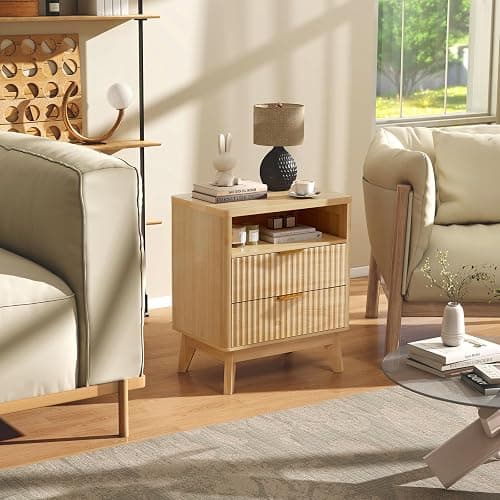 LYNCOHOME 2 Drawer Fluted Nightstand - Wooden Side Table with Open Storage Cabinet & Wood Legs for Bedroom - 1 Pack thumbnail 2