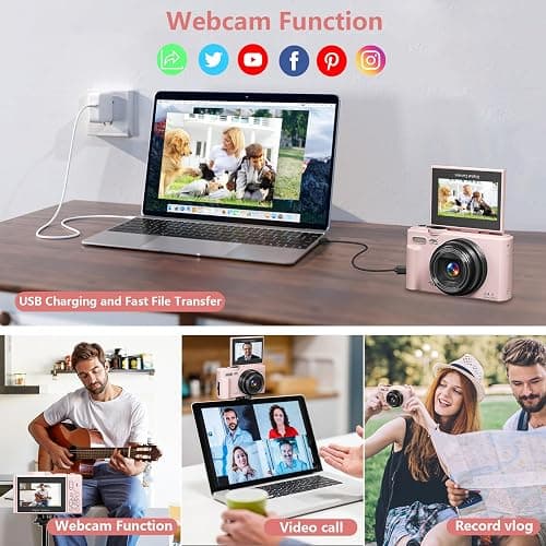 Digital Camera for Photography, 4K Vlogging Camera for YouTube 3" 180° Flip Screen 18X Digital Zoom Compact Cameras with 32GB TF Card & 2 Batteries, Pink thumbnail 6