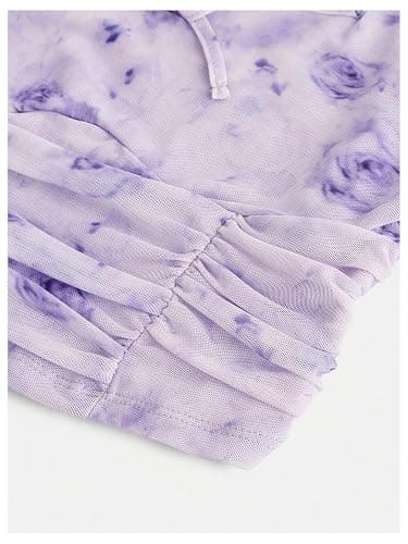 Milumia Girl's Floral Print Bowknot Bell Sleeve Crop Tops Square Neck Ruched T Shirts - 8 Years - Mauve Purple thumbnail 4