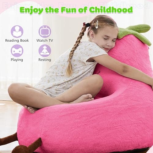 DUMOS Kids Bean Bag Chair, Stuffed Toddler Couch with Faux Rabbit Fur Cover for Teens & Kids, Comfy Lazy Sofa Chair for Reader, Living Room, Bedroom, Aged 4-12 Years, 31 Inch, Rose Red thumbnail 6