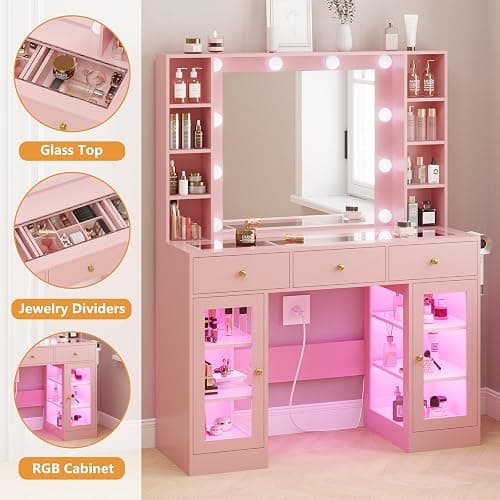HUANLEGO Pink Vanity Desk with Mirror and Lights, Glass Top Vanity with Lighted Mirror & RGB Glass Cabinet and 3 Drawers, Makeup Vanity Desk with Lights Dressing Table for Bedroom, 3 Color Modes - Pink - 43.3x15.7x55.7 in thumbnail 4