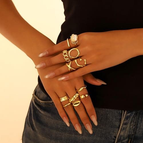 Slpytc Chunky Yellow Stackable Rings Set for Women,Vintage Knuckle Rings Dainty Hollow Carved Joint Finger Midi Rings Pack Adjustable Signet Mixed Size thumbnail 2