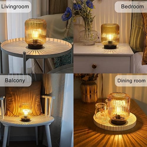LUSHARBOR Battery Operated Lamp, Cordless Table Lamps for Home Decor, Battery Powered Nightlight with LED Bulb, Decorative Glass Beside Lamp for Bedroom Living Room-Gold thumbnail 2