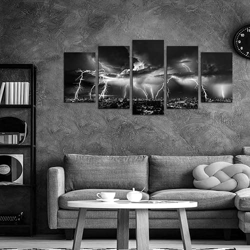 Biuteawal - Black and White Wall Art Nature Lightning Strikes in The Clouds Painting on Canvas Storm and City Night View Picture Print for Home Office Living Room Decoration Wall Decor thumbnail 2