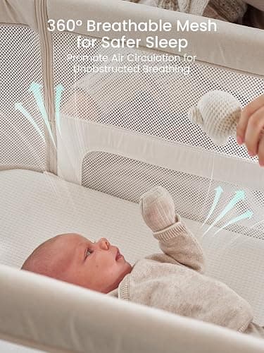 GROWNSY 5-in-1 Baby Bassinet Bedside Sleeper with Gentle Manual Rocking | 6 Adjustable Heights, Full Breathable Mesh, Convertible to Portable Crib, Bassinets with Mattress & Wheels, Beige thumbnail 4