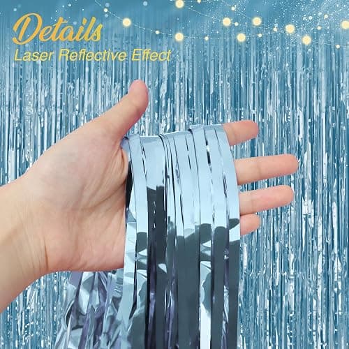 2 Pack Light Blue Fringe Backdrop, 3.2x8.2ft Shining Foil Tinsel Curtains, Birthday Party Decorations Door Streamers for Halloween, Christmas, Wedding, Graduation, Holiday, Theme Events thumbnail 3