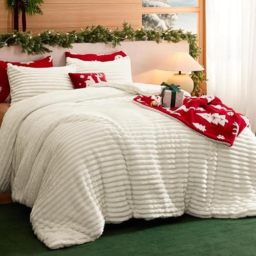 Bedsure Fluffy Comforter Set Twin - Super Soft Faux Fur Bed Set Cream White, Warm Plush Fleece Winter Bedding, 2 Pieces, 1 Shaggy Fuzzy All Seasons Twin Size Comforter with 1 Pillowcase - Image 1