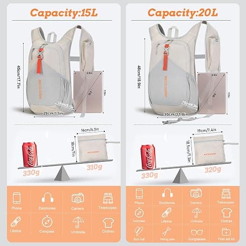 BECOJADDE 15L Small Hiking Backpack for Men Women Foldable Packable Back Pack Ultralight Hiking Daypack for Travel Camping Outdoor, Beige thumbnail 4