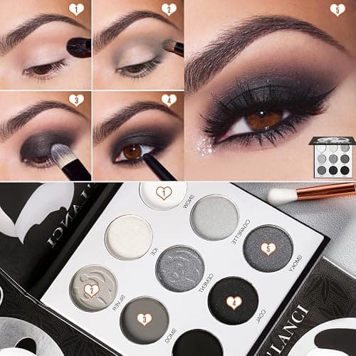 ecofavor Black Smoky Eye shadow Palette, DE’LANCI PANDA 9 Colors True Black Dark Grey Smokey Goth Makeup Pallet, 9 Soft Matte Shimmer High Pigmented Basic Black White Gray Shade for Halloween thumbnail 3