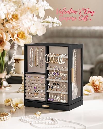 SONGMICS GISELLA Collection - Jewelry Box Organizer 360° Rotating, Large Vertical Jewelry Storage Case with 5 Drawers, Shiny Metal Hardware, Glass Window, Gift Idea, Ink Black UJBC170B01 thumbnail 3