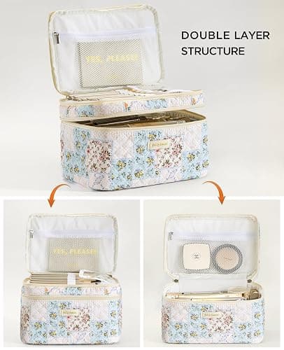 2 Pack Floral Double Layer Quilted Makeup Bag  thumbnail 3
