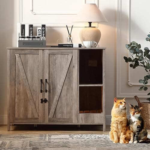 FOREST GRAVITY Cat Cabinet Litter Box Furniture Mobiletto per gatti lettiere Grande lettiera per gatti Arredamento moderno 105 * 68 * 89 cm Casa con porta e divisorio separato Grigio - Image 1