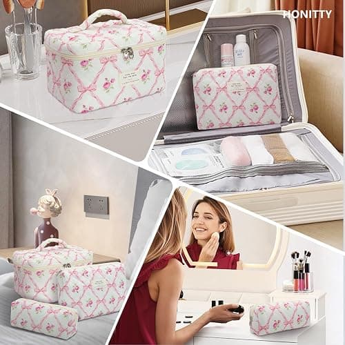 honitty Makeup Bag,Quilted Cosmetic Bag,Large Floral Make Up Bag for Women,Cotton Makeup Bag Set,Flower Travel Toiletry Bag thumbnail 6