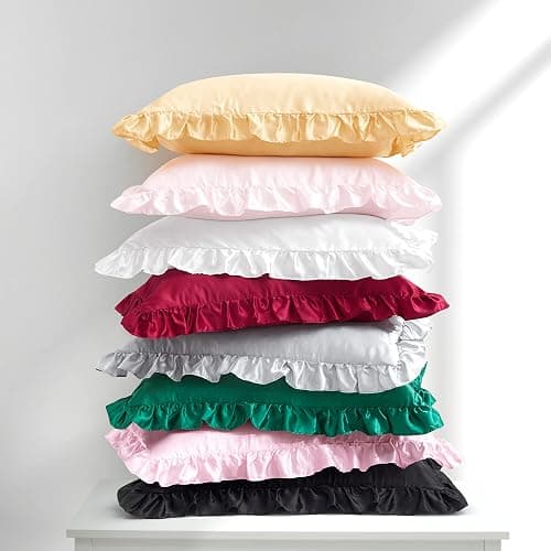 HommxJF Blush Pink Satin Ruffled Pillow Cases for Hair and Skin,Blush Pink Silk Pillowcases Standard Set of 2 with Envelope Closure Princess Room Decoration thumbnail 9