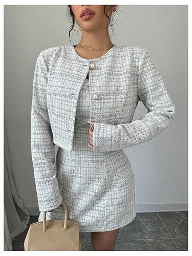 SOLY HUX Women's 2 Piece Plaid Long Sleeve Button Cropped Jacket Dress Set | 2 Piece Outfits, Tweed Set, Button Down, Sleeveless Mini Dress Sets thumbnail 5