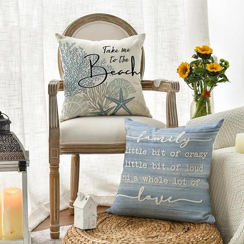 AVOIN colorlife Summer Take Me to The Beach Coral Starfish Throw Pillow Covers, 18 x 18 Inch Home Sweet Home Motto Blue Cushion Case for Sofa Couch Set of 4 thumbnail 4