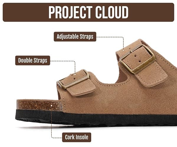 Project Cloud 100% Genuine Leather Flat Sandals For Women 2026 Cork Footbed Womens Sandals with Memory Foam and arch support Vacation Essentials Slides for Women Footwear (Venita) thumbnail 3