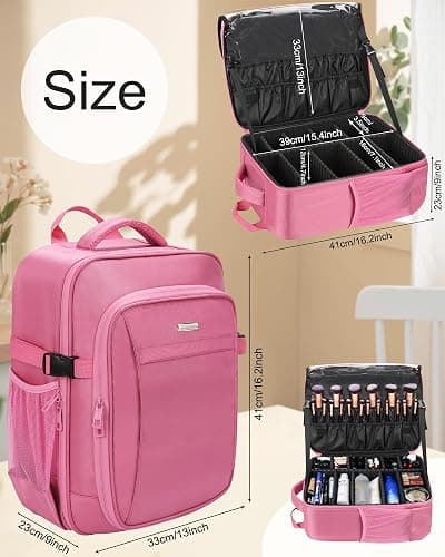 Relavel Makeup Backpack, Professional Travel Train Case Makeup Artist Kit Set Bag for Women Extra Large Cosmetic Organizer, Brush Storage Holder, with Adjustable High Dividers, Rose Pink thumbnail 2