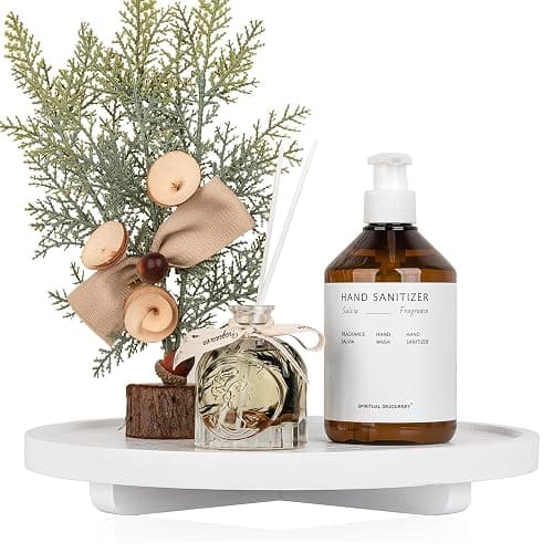 Round Decorative Tray Farmhouse Kitchen Decor Soap Dish, 12" White | Waterproof, Lightweight, Easy Clean, Wood Riser Pedestal Stand Accessories for Office Desk, Vanity, Counter, Sink thumbnail 6