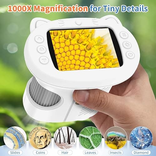 Kids Handheld Digital Microscope 1000X: Science Gift Kit STEM Toy Ages 5-13 | 8GB SD Card for Photo/video, Rechargeable, 2.4" Screen, 8 LEDs, Portable Magnifying Glass Pocket Miniscope for Girls Boys thumbnail 3