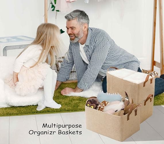 AARAINBOW Linen Closet Organizer Storage Bin with Steel Frame, Stackable Fabric Jeans Baskets for Shelves, 4 Packs Foldable Wardrobe Clothes Box for Sweater Pants Clothing Towel Shirt Felt, 23L Beige thumbnail 2