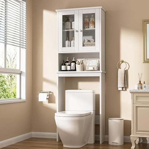 Shintenchi Over the Toilet Storage Cabinet, Bathroom Shelf Organizer with Anti-Tip Device, Small Freestanding Space Saver with Adjustable Shelf and Glass Door, White - Image 1