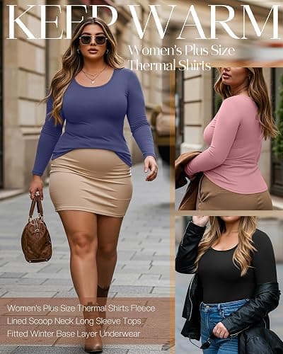 Ficerd 3 Pack Women's Plus Size Thermal Shirts Fleece Lined Scoop Neck Long Sleeve Tops Fitted Winter Base Layer Underwear thumbnail 4