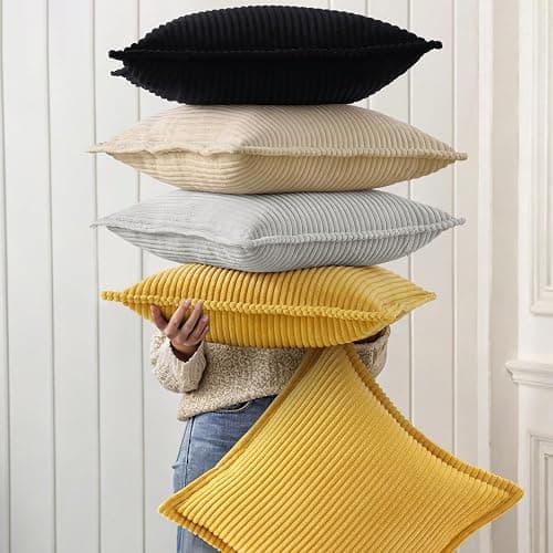 decorUhome Fall Corduroy Black Throw Pillow Covers 24x24 Set of 2 | Euro Sham Couch Decorative Soft Modern Boho Farmhouse Pillow Covers Broadside Striped Pillow Cases for Living Room Bed Sofa thumbnail 7
