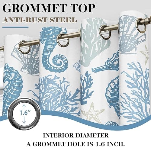 weesire Nautical Coastal Curtains Decorative Beach Ocean Seahorse Coral 50% Light Blocking Sea Darkening Grommet Curtain for Villa Living Room, Bedroom Navy Blue and White 2 Panels Set, 52x84 Inches thumbnail 6