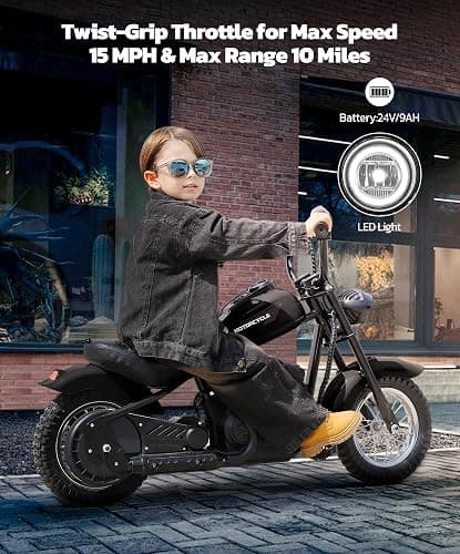 ELEMARA Electric Dirt Bike, 15 mph & 150lb Max, 24V Ride on Toy for Big Kids w/LED Lights & Power Display, Chain-Driven Motor, Twist-Grip Throttle, Shock Springs, Handbrake, 12" Air-Filled Tires-Black thumbnail 4