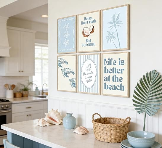 6Pcs Coastal Beach Poster Wall Art,Blue Preppy Beach Painting Picture Wall Decor,Sea Turtle Starfish Palm Tree Canvas Print Artwork for Bathroom,Bedroom,Living Room,Beach House Home Decor Unframed thumbnail 6