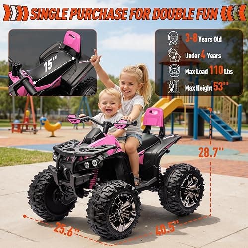 JOYRACER 24V 2 Seater Ride On Toys for Big Kids, 4X4 Kids ATV 4 Wheeler w/800W Motors, 9AH Battery Powered Car w/Remote Control, Knee Pads, Bluetooth, Spring Suspension, Electric Quad for Girls, Pink thumbnail 2