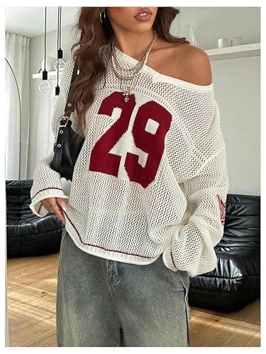 BEAUDRM Women's Y2k Tops Graphic Oversized Crochet Jersey Shirt V Neck Long Sleeve Knit Pullover Sweater Going Out Top thumbnail 3