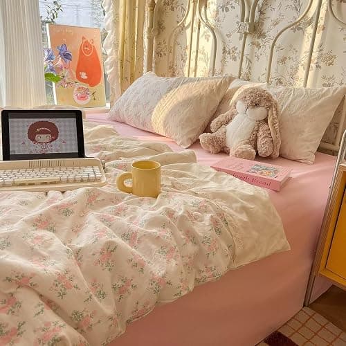 mixinni Vintage Floral Duvet Cover Set - 3 Piece King Size Pink Cottagecore Bedding with Lace Trim, Shabby Chic Bedding Set, Includes 1 Duvet Cover & 2 Pillowcases, Boho Aesthetic for Girls & Dorms thumbnail 8