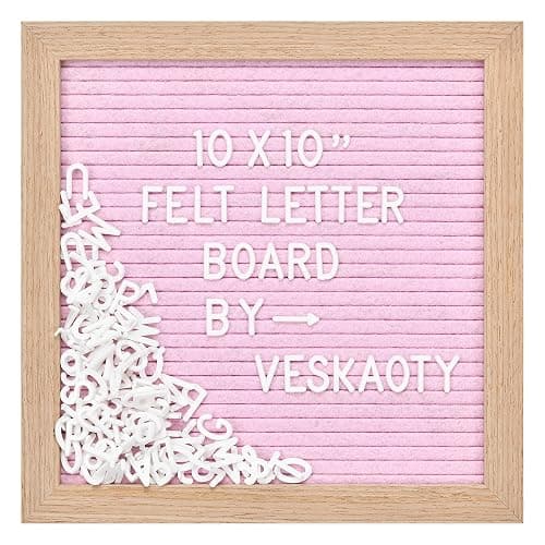 Felt Letter Board with 294 Letters, Numbers & Symbols - 10 x 10 inch Changeable Message Board with Wooden Frame Wall Mount Hook, Pink & Wood - Image 1