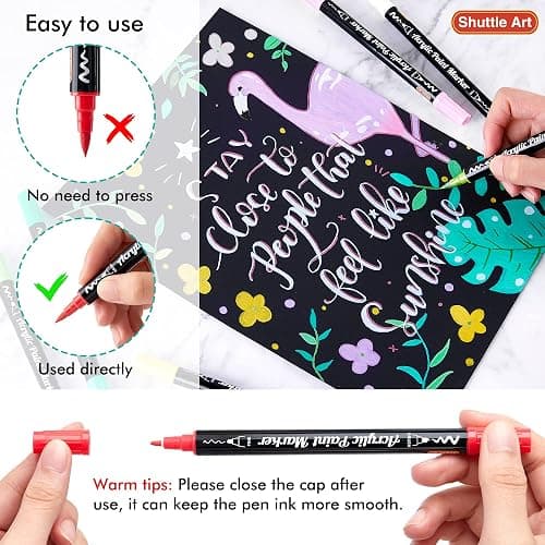 Shuttle Art 48 Colors Dual Tip Acrylic Paint Markers, Brush Tip and Fine Tip Acrylic Paint Pens for Rock Painting, Ceramic, Wood, Canvas, Plastic, Glass, Stone, Calligraphy, Card Making, DIY Crafts thumbnail 5