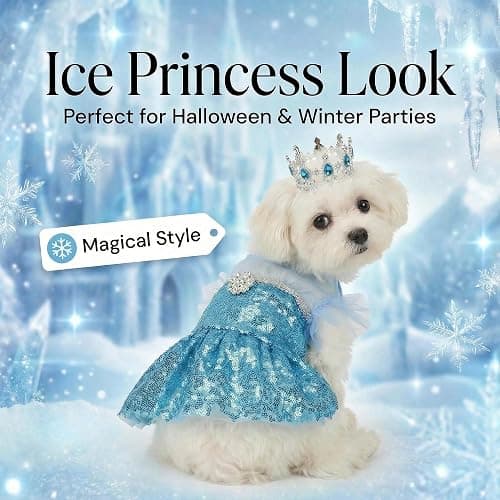 Littledropet Dog Snow Queen Costume Pet Princess Dress with Crown,S | Halloween Small Dog Princess Costume Outfits;Luxury Sequin Pet Birthday Party Dress;Summer Dog Tutu Dress Skirt Clothes thumbnail 3
