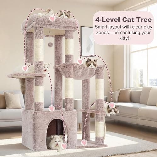 Heybly Heavy Duty Cat Tree, Tower for Indoor Cats Large Adult, Tall Cat Condo House with Extra-Large Baseboard, Multi-Level Plush Furniture with Scratching Posts, Hammock,Toy Balls,Muchroom HCT026MU thumbnail 2
