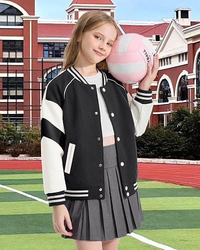 Rolanko Girls Boys Baseball Jacket Varsity Style School Sweatjacket with Pockets Bomber Coat Outwear for Kids thumbnail 4