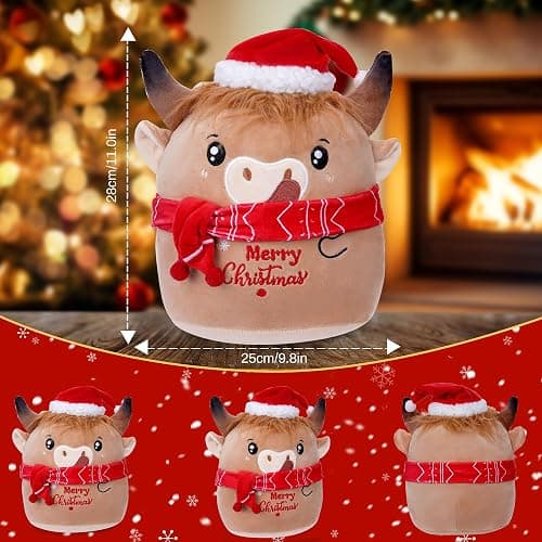 SEAOPOP Christmas Cow Stuffed Animal: 8-Inch Cute Highland Cow Plush Toy with Festive Scarf Soft Plushie Pillow, Perfect Christmas Holiday Birthday Gifts for Kids Girls Boys thumbnail 3