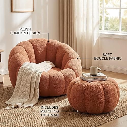 Hohamn Giant Bean Bag Chair with Ottoman, Pumpkin Shaped Boneless Chair | Plush cloud fleece fabric, ideal cozy seating for bedroom & living room, perfect reading lounge chair for daily relaxation thumbnail 8