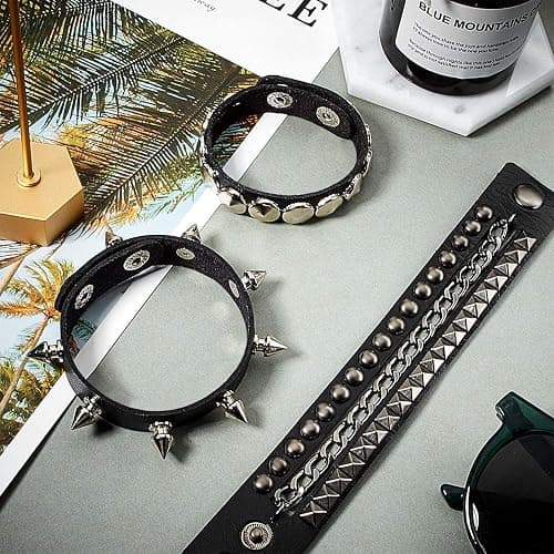 Hicarer 6 Pcs Spiked Studded Bracelets Punk Leather Rivets Bracelet Cuff for Men Women Halloween Accessories thumbnail 6