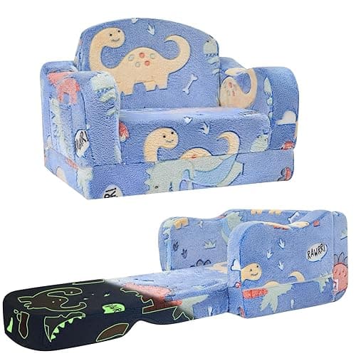 Thick Comfy Toddler Chair and Couch for Kids,2-in-1 Soft Plush Fold Out Sofa for Children,Convertible Couch to Lounger for Toddler - Blue Dinosaur