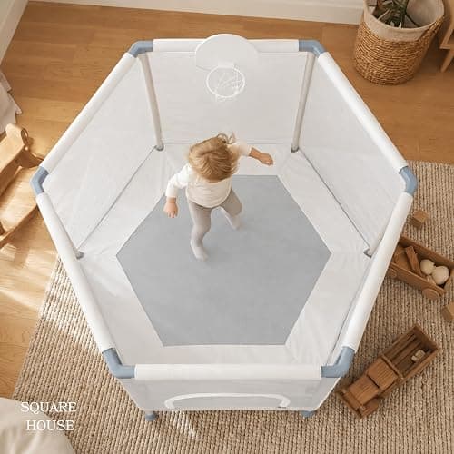 Square House Kids Trampoline, Aesthetic Indoor and Outdoor Toddler Trampoline with Safety Net, Basketball Hoop, 220lb Capacity, Ultra Safe No-Gap Design, Gifts for Boys & Girls thumbnail 6