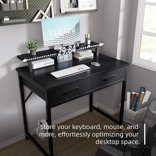 Pamray 32 Inch Small Computer Desk with Monitor Stand Home Office Desks with 2 Drawers for Bedroom Study Writing and Work Table for Small Spaces Black thumbnail 4