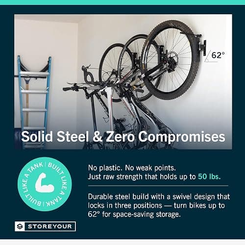 Bike Swivel Rack – Wall Mounted Garage Bike Storage, Vertical Bike Rack with 120° Swivel Hanger & Stopper – Space-Saving Bike Rack Garage Mount for Kids Bikes, BMX thumbnail 3