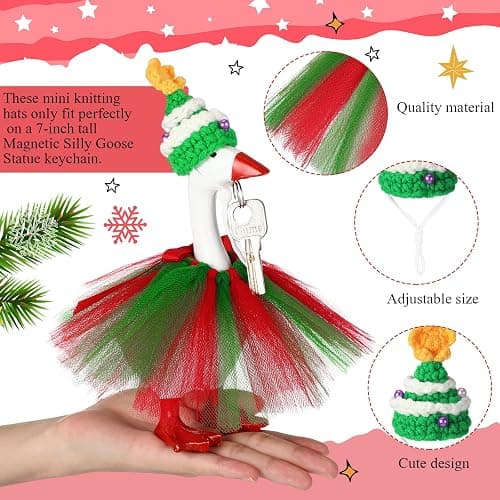 Sunnymove 7 Inch Christmas Mini Desk Goose Outfits with Christmas Tree shape Knitting Hat Red and Green Tutu Dress Mini Desk Goose Customs for Magnetic Statue Key Holder Decor thumbnail 4