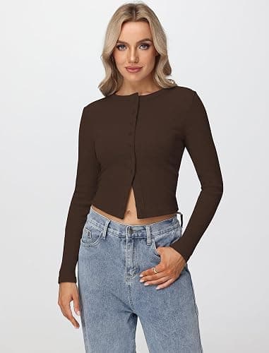 Matunana Womens Long Sleeve Tops Fall Lightweight Cardigan Cropped Going Out Shirts Ribbed Button Down Cute Trendy 2025 thumbnail 2
