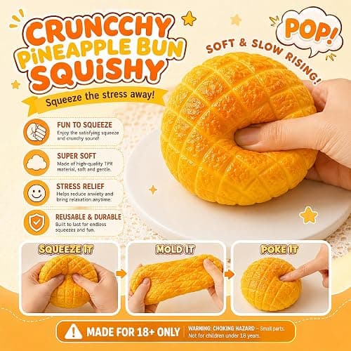 Crunchy Pineapple Bun Squishy, Slow Rising ASMR Squeeze Fidget Toy | Soft Squishy with Crunchy Sensory Feedback, 3.54in Palm Size for Desk, Study Breaks, Travel, Display, Ideal Gift for Adults thumbnail 4